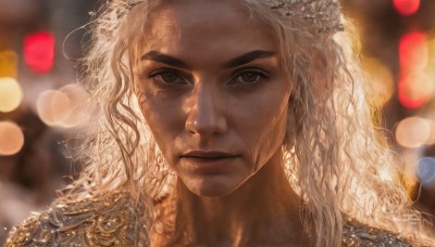 1girl,solo,long hair,looking at viewer,1boy,closed mouth,white hair,male focus,blurry,lips,grey eyes,eyelashes,depth of field,blurry background,wavy hair,portrait,close-up,freckles,curly hair,realistic,nose,bokeh,facial hair,thick eyebrows,backlighting