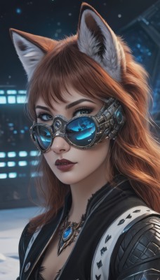 1girl,solo,long hair,breasts,looking at viewer,bangs,blue eyes,brown hair,animal ears,cleavage,jewelry,upper body,parted lips,teeth,artist name,cat ears,necklace,orange hair,blurry,lips,fox ears,eyelashes,makeup,night,blurry background,sunglasses,lipstick,goggles,fox girl,pendant,nose,red lips,tinted eyewear,brown eyes,signature,animal ear fluff,portrait,realistic,looking over eyewear,blue-tinted eyewear