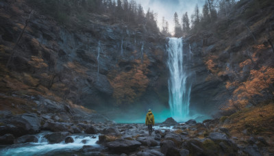 solo, outdoors, water, tree, nature, scenery, forest, rock, waterfall, ambiguous gender