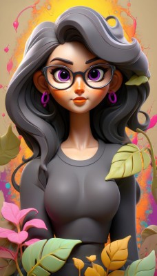 1girl,solo,long hair,breasts,looking at viewer,smile,shirt,black hair,long sleeves,jewelry,medium breasts,purple eyes,collarbone,upper body,flower,grey hair,earrings,glasses,artist name,dark-skinned female,lips,eyelashes,makeup,leaf,watermark,thick eyebrows,lipstick,web address,grey shirt,freckles,black-framed eyewear,hoop earrings,nose,closed mouth,multicolored hair,dark skin,mole,two-tone hair,black shirt,wavy hair,plant,brown background,asymmetrical hair,red lips