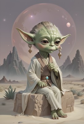 solo,blush,1boy,brown eyes,jewelry,sitting,full body,male focus,earrings,outdoors,japanese clothes,barefoot,pointy ears,pants,kimono,colored skin,moon,child,full moon,robe,rock,male child,green skin,fewer digits,goblin,long sleeves,closed mouth,sky,artist name,wide sleeves,black eyes,sash,no humans,night,frown,star (sky),toenails,mountain,desert