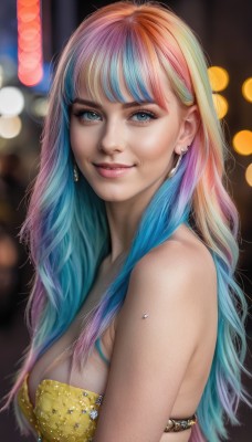 1girl,solo,long hair,breasts,looking at viewer,smile,bangs,blue eyes,cleavage,bare shoulders,jewelry,medium breasts,blue hair,swimsuit,upper body,pink hair,bikini,multicolored hair,earrings,parted lips,blurry,from side,two-tone hair,lips,eyelashes,strapless,aqua hair,gradient hair,makeup,depth of field,blurry background,piercing,freckles,realistic,nose,bokeh,blonde hair,teeth,artist name,blunt bangs,watermark,ear piercing,web address,yellow bikini,mascara,gold bikini