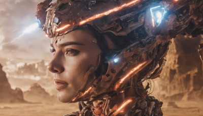 1girl,solo,brown hair,black hair,brown eyes,outdoors,parted lips,sky,cloud,dark skin,blurry,lips,blurry background,glowing,helmet,portrait,science fiction,realistic,nose,power armor,short hair,black eyes,from side,profile,headgear,cloudy sky,robot,close-up,electricity,desert