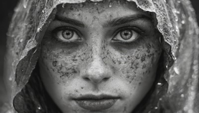 1girl,solo,looking at viewer,1boy,closed mouth,monochrome,greyscale,male focus,hood,lips,eyelashes,portrait,snow,close-up,hood up,freckles,snowing,realistic,straight-on,dirty,eye focus,smile,parted lips,teeth