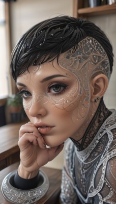 1girl,solo,looking at viewer,short hair,black hair,jewelry,upper body,earrings,parted lips,indoors,mole,blurry,black eyes,bracelet,dark-skinned female,lips,grey eyes,eyelashes,mole under eye,makeup,depth of field,blurry background,piercing,table,portrait,hand on own face,freckles,head rest,realistic,nose,bookshelf,very short hair,mascara,dark skin,fingernails,ear piercing