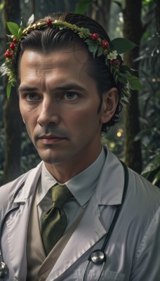 solo,looking at viewer,short hair,shirt,black hair,hair ornament,1boy,closed mouth,jacket,white shirt,upper body,male focus,outdoors,necktie,collared shirt,blurry,black eyes,vest,lips,grey eyes,blurry background,facial hair,leaf,portrait,nature,forest,realistic,nose,head wreath,green necktie,stethoscope,blue eyes,scar,expressionless,formal,suit,scar on face,leaf hair ornament