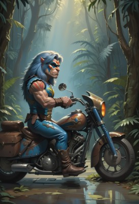 solo,long hair,blue eyes,1boy,sitting,blue hair,grey hair,male focus,boots,outdoors,teeth,pointy ears,belt,pants,artist name,from side,tree,tattoo,muscular,brown footwear,plant,muscular male,ground vehicle,nature,motor vehicle,forest,reflection,motorcycle,biceps,on motorcycle,sleeveless,water,vest,mask,facial hair,leaf,beard