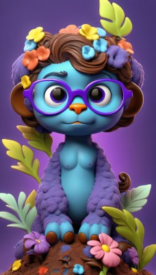 1girl,solo,breasts,looking at viewer,smile,simple background,brown hair,hair ornament,sitting,closed mouth,nipples,flower,small breasts,glasses,hair flower,black eyes,gradient,gradient background,no humans,bird,leaf,grass,furry,purple background,purple flower,furry female,head wreath,blue-framed eyewear,purple-framed eyewear,short hair,purple eyes,flat chest,loli