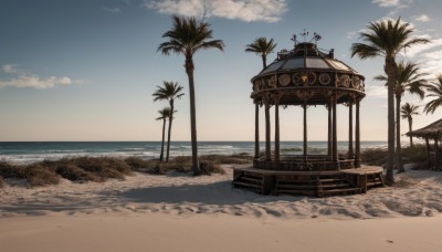 outdoors,sky,day,cloud,water,tree,blue sky,no humans,ocean,beach,cloudy sky,ground vehicle,scenery,sunset,sand,palm tree,horizon,evening,shore,desert