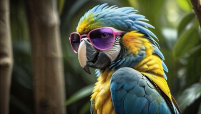 HQ,solo,outdoors,blurry,black eyes,tree,no humans,blurry background,bird,animal,leaf,sunglasses,feathers,nature,forest,realistic,tinted eyewear,animal focus,beak,blue feathers,looking at viewer,upper body,pokemon (creature),depth of field