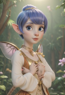 1girl,solo,looking at viewer,smile,short hair,bangs,blue eyes,hair ornament,long sleeves,dress,jewelry,blue hair,upper body,flower,earrings,outdoors,parted lips,wings,choker,day,pointy ears,necklace,hair bun,blurry,flat chest,tree,lips,eyelashes,depth of field,blurry background,single hair bun,nature,forest,freckles,realistic,nose,fairy wings,hands on own chest,fairy,breasts,blush,artist name,nail polish,watermark,web address,butterfly wings