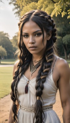 1girl,solo,long hair,breasts,looking at viewer,smile,brown hair,black hair,dress,bare shoulders,brown eyes,jewelry,upper body,braid,earrings,small breasts,outdoors,parted lips,sleeveless,day,artist name,dark skin,necklace,white dress,blurry,black eyes,twin braids,dark-skinned female,tree,lips,sleeveless dress,depth of field,blurry background,hair over shoulder,forehead,freckles,realistic,nose,arms at sides,multiple braids,closed mouth