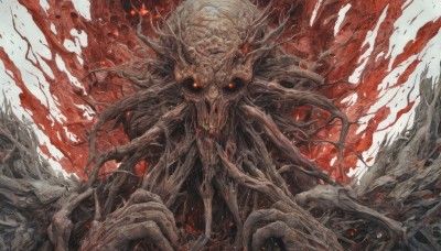 solo,looking at viewer,red eyes,horns,teeth,no humans,glowing,glowing eyes,tentacles,skull,monster,extra eyes,horror (theme),eldritch abomination,artist name,1other