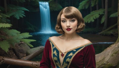 1girl,solo,breasts,looking at viewer,smile,short hair,bangs,brown hair,dress,cleavage,bare shoulders,brown eyes,jewelry,medium breasts,collarbone,upper body,weapon,outdoors,parted lips,water,off shoulder,tree,lips,makeup,lipstick,gem,nature,forest,realistic,red lips,waterfall,leaf