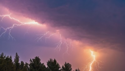 outdoors,sky,cloud,tree,no humans,cloudy sky,nature,scenery,forest,sunset,electricity,lightning,twilight,gradient sky