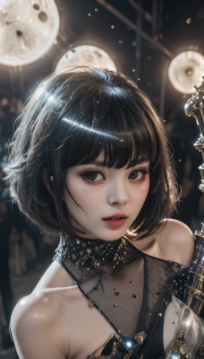 1girl,solo,looking at viewer,short hair,bangs,black hair,dress,bare shoulders,jewelry,collarbone,upper body,parted lips,teeth,sleeveless,solo focus,shiny,artist name,blunt bangs,blurry,black eyes,black dress,shiny hair,lips,see-through,grey eyes,eyelashes,makeup,depth of field,blurry background,halterneck,watermark,bob cut,lipstick,gem,instrument,portrait,eyeshadow,realistic,nose,red lips,eyeliner,mascara,breasts,necklace,moon,web address,light particles,backlighting,gold,halter dress