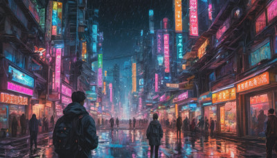 black hair, outdoors, multiple boys, bag, dutch angle, night, backpack, building, scenery, rain, 6+boys, city, sign, road, cityscape, street, crowd, city lights, cyberpunk, neon lights, people, vanishing point