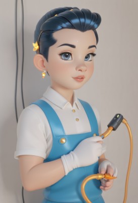 1girl,solo,looking at viewer,blush,smile,short hair,blue eyes,shirt,black hair,hair ornament,gloves,dress,holding,jewelry,blue hair,white shirt,upper body,short sleeves,hairband,earrings,parted lips,collared shirt,artist name,white gloves,fingerless gloves,lips,aged down,child,freckles,female child,pinafore dress,overalls,blue overalls,eyelashes,blue dress,watermark,web address,nose