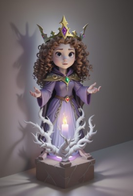 1girl,solo,long hair,looking at viewer,brown hair,long sleeves,dress,brown eyes,jewelry,standing,full body,wide sleeves,cape,black eyes,shadow,crown,gem,child,purple dress,curly hair,robe,female child,magic,candle,levitation,candlelight,simple background,artist name,grey background,grey eyes,fire,tiara,faux figurine