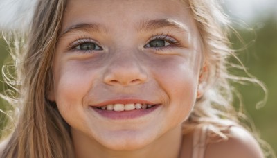 1girl,solo,long hair,looking at viewer,smile,open mouth,blonde hair,teeth,grin,blurry,lips,grey eyes,depth of field,blurry background,portrait,close-up,freckles,realistic,black eyes,eyelashes,parody,messy hair,nose