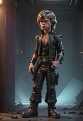 solo,looking at viewer,short hair,blue eyes,blonde hair,shirt,1boy,standing,jacket,full body,weapon,male focus,boots,open clothes,belt,pants,artist name,signature,open jacket,black jacket,gun,fur trim,facial hair,scar,black pants,wristband,handgun,realistic,holster,leather,leather jacket,vest,mustache,holstered weapon