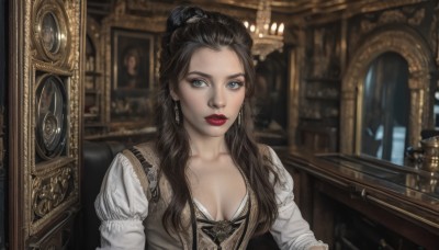 1girl,solo,long hair,breasts,looking at viewer,blue eyes,brown hair,shirt,black hair,long sleeves,dress,cleavage,jewelry,medium breasts,sitting,collarbone,white shirt,upper body,earrings,parted lips,puffy sleeves,indoors,hair bun,blurry,vest,lips,eyelashes,makeup,depth of field,blurry background,chair,single hair bun,lipstick,juliet sleeves,corset,realistic,red lips,hair pulled back,brown vest,painting (object),portrait (object),necklace,window,bug,butterfly