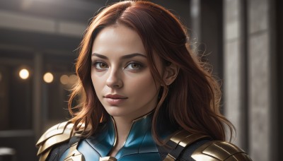 1girl,solo,long hair,looking at viewer,smile,brown hair,brown eyes,jewelry,closed mouth,upper body,earrings,indoors,armor,blurry,lips,bodysuit,depth of field,blurry background,shoulder armor,messy hair,portrait,freckles,pauldrons,realistic,nose,stud earrings,shoulder pads,parted lips,artist name,eyelashes,close-up,forehead