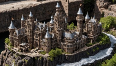 outdoors,day,water,tree,no humans,bird,building,nature,scenery,fantasy,architecture,bridge,river,castle,tower,waterfall,cliff,blurry