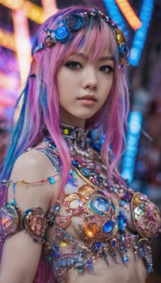 1girl,solo,long hair,breasts,looking at viewer,bangs,hair ornament,jewelry,medium breasts,closed mouth,upper body,pink hair,small breasts,necklace,blurry,black eyes,lips,grey eyes,blurry background,gem,armlet,realistic,bare shoulders,multicolored hair,collar,two-tone hair,eyelashes,depth of field,headgear,expressionless,nose,gold,gorget