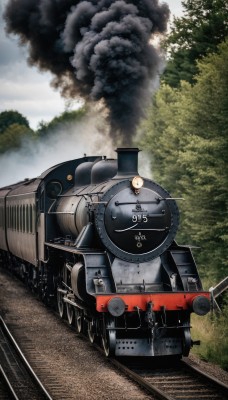 outdoors,sky,day,cloud,tree,military,no humans,grass,ground vehicle,nature,motor vehicle,forest,smoke,cannon,military vehicle,tank,vehicle focus,caterpillar tracks,world war ii,turret,machine gun,train,railroad tracks