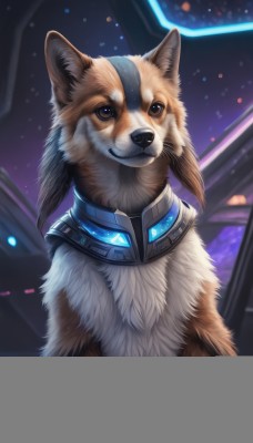 solo,looking at viewer,smile,brown eyes,upper body,artist name,signature,collar,no humans,animal,star (sky),science fiction,dog,realistic,space,animal focus,teeth,blurry,glowing,watermark,web address,fur collar,alien,shiba inu