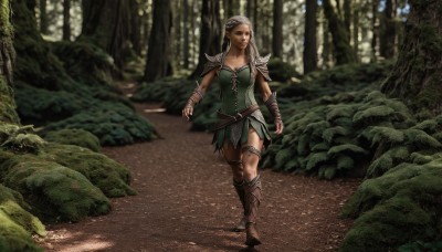 1girl,solo,long hair,breasts,skirt,gloves,cleavage,medium breasts,braid,boots,outdoors,pointy ears,belt,armor,blurry,tree,lips,thigh strap,knee boots,elf,shoulder armor,nature,forest,walking,pauldrons,realistic,shoulder pads,path,blue eyes,blonde hair,white hair