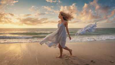 1girl, solo, long hair, breasts, brown hair, dress, outdoors, sky, barefoot, cloud, water, white dress, ocean, beach, wind, scenery, walking, sunset, running, sand, horizon, sundress, waves