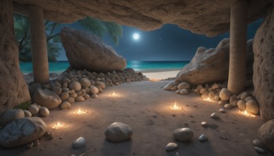 outdoors,sky,water,tree,no humans,night,ocean,beach,moon,fire,star (sky),night sky,scenery,full moon,starry sky,rock,sand,palm tree,horizon,shore,cave,stone,log,cloud,nature