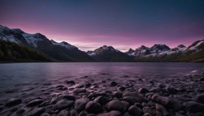 outdoors,sky,water,no humans,night,ocean,beach,star (sky),night sky,scenery,starry sky,rock,mountain,horizon,river,landscape,mountainous horizon,gradient sky,shore,purple sky,cloud,nature,sunset