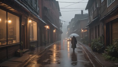 1girl,solo,1boy,holding,standing,outdoors,water,from behind,window,umbrella,plant,building,scenery,reflection,walking,rain,holding umbrella,city,door,potted plant,road,house,power lines,street,puddle,shop,flower pot,sky,cloud,bag,coat,night,sign,facing away,light,dark,lamppost,utility pole,town