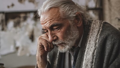 solo,shirt,1boy,closed mouth,closed eyes,upper body,white hair,grey hair,male focus,necktie,indoors,blurry,blurry background,facial hair,scar,formal,thick eyebrows,suit,beard,head rest,mature male,realistic,mustache,old,old man,photo background,wrinkled skin,white shirt,collared shirt,hand up,depth of field,portrait,scar on face,blue necktie,scar across eye,manly,striped necktie