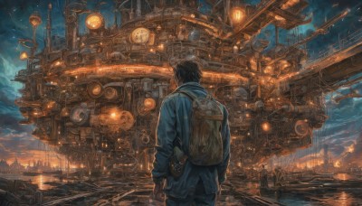 solo,short hair,black hair,1boy,standing,jacket,weapon,male focus,outdoors,sky,cloud,water,bag,from behind,gun,night,backpack,cloudy sky,building,star (sky),scenery,smoke,science fiction,city,aircraft,clock,facing away,cityscape,bridge,gears,tower,train,city lights,lights,steampunk,long sleeves,pants,signature,blue jacket,sunset,lantern,light,cable,industrial pipe,train station,railroad tracks,machine