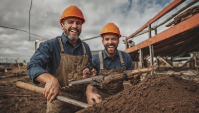 smile,open mouth,brown hair,shirt,holding,closed eyes,weapon,male focus,outdoors,multiple boys,sky,day,collared shirt,cloud,2boys,holding weapon,blurry,uniform,gun,military,facial hair,helmet,cloudy sky,blue shirt,holding gun,rifle,beard,realistic,mustache,overalls,dirty,soldier,grey sky,war,hardhat,black hair,apron,blurry background,laughing