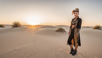 1girl,solo,breasts,looking at viewer,smile,short hair,skirt,blonde hair,long sleeves,jewelry,closed mouth,standing,full body,earrings,boots,outdoors,shoes,alternate costume,belt,pants,water,hair bun,black footwear,lips,coat,tattoo,makeup,ocean,beach,single hair bun,scenery,backlighting,sunset,sand,sun,blue eyes,brown hair,navel,jacket,multicolored hair,open clothes,midriff,artist name,necklace,open jacket,black jacket,sneakers,wide shot