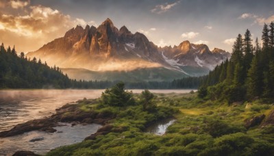 outdoors,sky,day,cloud,water,tree,no humans,cloudy sky,grass,nature,scenery,forest,mountain,river,landscape,lake,fog,reflection,sunset,mountainous horizon