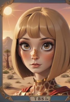 1girl,solo,looking at viewer,blush,short hair,bangs,blonde hair,brown eyes,outdoors,parted lips,sky,artist name,tree,lips,eyelashes,makeup,bob cut,animal print,portrait,freckles,sunset,mountain,sun,desert,brown hair,closed mouth,sunlight,palm tree