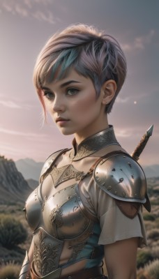 1girl,solo,breasts,looking at viewer,short hair,bangs,cleavage,jewelry,medium breasts,closed mouth,green eyes,blue hair,upper body,weapon,short sleeves,grey hair,multicolored hair,earrings,small breasts,outdoors,sky,belt,sword,armor,blurry,lips,see-through,grey eyes,depth of field,blurry background,shoulder armor,freckles,pauldrons,breastplate,mountain,realistic,nose,fantasy,stud earrings,very short hair,chainmail,blue eyes,parted lips,artist name,cloud,two-tone hair,eyelashes,sunset