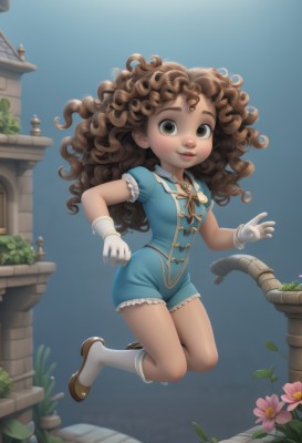 1girl,solo,long hair,looking at viewer,smile,brown hair,gloves,dress,brown eyes,full body,flower,short sleeves,boots,frills,shoes,shorts,socks,white gloves,dark skin,dark-skinned female,lips,brown footwear,plant,curly hair,jumping,breasts,blush,outdoors,parted lips,puffy sleeves,artist name,puffy short sleeves,leaf,watermark,web address