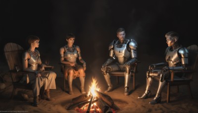 1girl,short hair,multiple girls,brown hair,black hair,gloves,2girls,sitting,weapon,boots,food,multiple boys,sword,2boys,fingerless gloves,armor,cup,facial hair,watermark,chair,table,3boys,helmet,fire,crossover,shoulder armor,gauntlets,web address,beard,science fiction,pauldrons,breastplate,realistic,mustache,android,cyborg,cooking,helmet removed,plate armor,campfire,white hair,looking at another,scar,goggles,4boys,very short hair