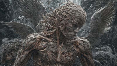 solo,1boy,closed mouth,upper body,male focus,wings,armor,halo,helmet,feathered wings,angel wings,white wings,angel,closed eyes,no humans,monster,skeleton,statue,multiple wings