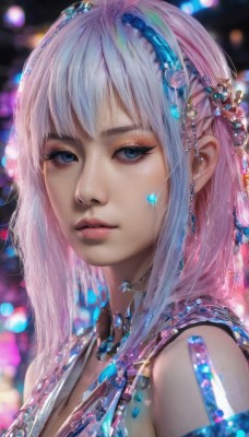 1girl,solo,long hair,breasts,looking at viewer,bangs,blue eyes,hair ornament,cleavage,bare shoulders,jewelry,medium breasts,upper body,pink hair,multicolored hair,parted lips,artist name,necklace,blurry,lips,eyelashes,makeup,depth of field,blurry background,watermark,gem,portrait,web address,crystal,realistic,nose,blue gemstone,mascara,closed mouth,blue hair,earrings,close-up,bokeh