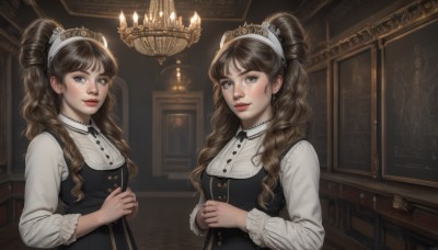 1girl,long hair,looking at viewer,smile,bangs,blue eyes,multiple girls,brown hair,shirt,long sleeves,dress,2girls,white shirt,upper body,ponytail,parted lips,indoors,black dress,lips,grey eyes,siblings,drill hair,own hands together,tiara,sisters,freckles,curly hair,realistic,candle,painting (object),chandelier,portrait (object),breasts,jewelry,closed mouth,earrings,red lips,symmetry