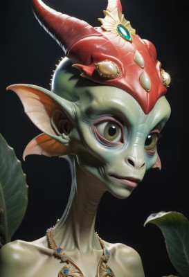 1girl,solo,looking at viewer,simple background,brown eyes,jewelry,closed mouth,collarbone,yellow eyes,upper body,horns,pointy ears,necklace,lips,makeup,colored skin,leaf,monster girl,black background,gem,portrait,scales,green skin,head fins,fins,fish girl,bare shoulders,eyelashes,realistic,nose,yellow sclera