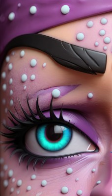 1girl,solo,looking at viewer,blue eyes,black hair,1boy,male focus,blurry,aqua eyes,eyelashes,makeup,piercing,slit pupils,close-up,eyeshadow,eyeliner,mascara,eye focus,hat